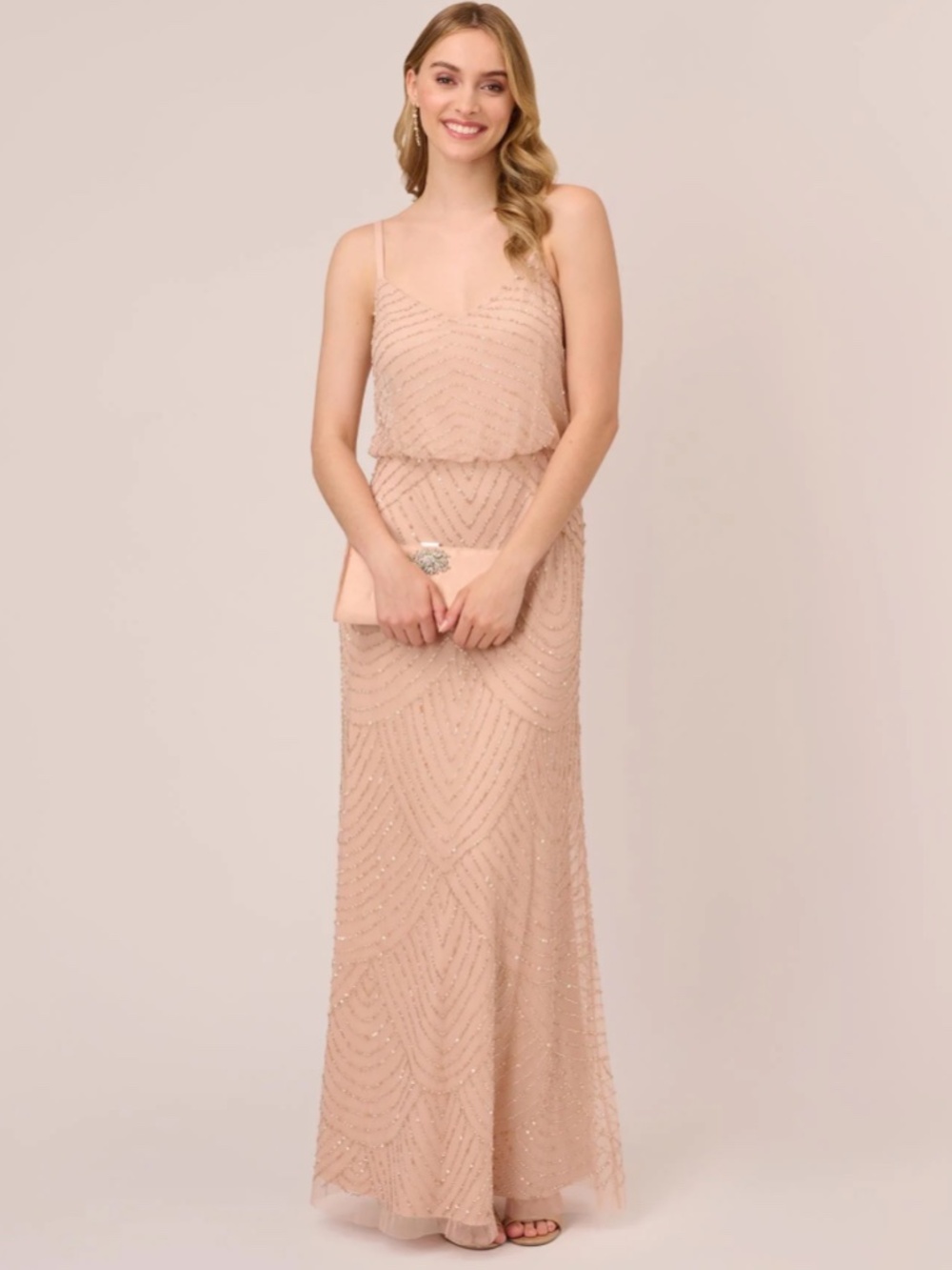 Adrianna Papell Art Deco Beaded Blouson Gown In Blush